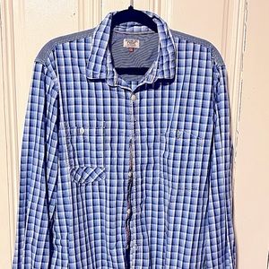 Great shirt for a night out; denim on the back upper shoulder is a great touch